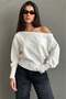 Ecru Ribbed Asymmetrical Cut Women's Sweater Mg2744 - 2