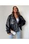 Double Pocket Side Gathered Oversized Leather Jacket - 2