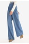 Regular Fit High Waist Wide Leg Women's Indigo Denim Jean Trousers with Pockets - 4