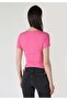 Slim Fit Round Neck Knitted Plain Women's Pink Short Sleeve T-Shirt - 2