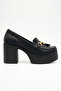 Women's Special Design Black Platform Heeled Loafer Shoes with Tassel Buckle