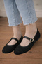 Emily Women's Black Tweed Fabric Ankle Strap Buckle Mary Jane Ballerina Casual Comfortable Flat Shoes - 2