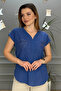 Women's Blue Shoulder and Pocket Laced Linen Fabric Short Sleeve Blouse Shirt