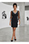Women's Long Tulle Sleeves V-Neck Sequin Dress
