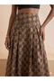 High Waist Brown Gold Checkered Patterned Pleated Midi Skirt 4084 - 4