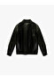Shirt Collar Elastic Waist Long Sleeve Covered Jacket Pocketed Faux Leather - 4