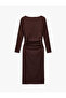 Slim Fit Long Sleeve Round Boat Neck Draped Detail Pencil Dress - 4