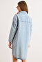 Women's Light Blue Buttoned Pocket Detailed Oversize Washed Denim Tunic Dress Elb-19002614 - 6