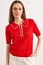 Women's Red Stripe Detailed Polo Collar Openwork Knitwear Blouse Blz-19003227 - 3