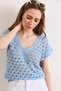 Women's Baby Blue V-Neck Openwork Cotton Knitwear Blouse Blz-19003284 - 3