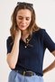 Women's Navy Blue Polo Collar Sleeve and Hem Wavy Cotton Knitwear Blouse Blz-19003285 - 3