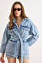 Women's Light Blue Belted Denim Jacket with 4 Pockets Ckt-19000503 - 5