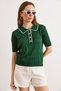 Women's Emerald Green Stripe Detailed Polo Collar Openwork Knitwear Blouse Blz-19003227 - 2