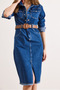 Women's Dark Blue Belted Pocketed Front Slit Midi Denim Dress Elb-19002611 - 4