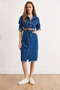 Women's Dark Blue Belted Pocketed Front Slit Midi Denim Dress Elb-19002611