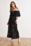 Women's Black Boho Carmen Collar Maxi Openwork Cotton Knitwear Dress Elb-19002619 - 3