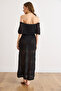 Women's Black Boho Carmen Collar Maxi Openwork Cotton Knitwear Dress Elb-19002619 - 6