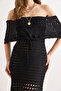 Women's Black Boho Carmen Collar Maxi Openwork Cotton Knitwear Dress Elb-19002619 - 5