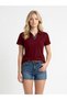 Women's Burgundy Polo Collar Striped Short Sleeve Body Slim Fit Stretchy Lycra 100% Cotton Summer