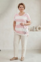 Women's Oversized Off-Shoulder Crew Neck Gathered Detailed Stone Printed Striped Mother's Combed Cotton Blouse