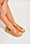 Y555541303 Tan Genuine Leather Low-Heeled Women's Sandals