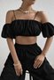 Women's Black Off Shoulder Crop Blouse – Stylish Summer Top with Straps, Elastic Waist, and Short Sleeves - 2