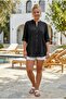 Black Stand-Up Collar Buttoned Long Sleeve Buttoned Casual Muslin Woven Shirt 75 63 - 3
