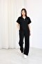 Women's Black Polo Collar Zippered Double Set