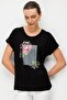Women's Crew Neck Combed Cotton T-Shirt with Sequin Roses on the Front, Black - 2