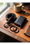Men's Black Wallet, Belt, Vegan Leather and Natural Stone Bracelet Set Gift