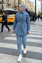 Women's Stone Embellished Light Denim Blue Tunic Trousers Double Set - 3