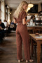 Women's Brown Front Buttoned Belted Waist Pocketed Bat Sleeve Palazzo Jumpsuit Arm-24Y001105 - 3