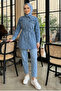 Women's Stone Embellished Light Denim Blue Tunic Trousers Double Set - 4