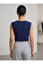 Women's Navy Blue Boat Neck Shoulder Buttoned Drawstring Detailed Sleeveless Sandy Fabric Blouse - 5