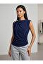 Women's Navy Blue Boat Neck Shoulder Buttoned Drawstring Detailed Sleeveless Sandy Fabric Blouse - 2