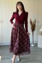 Padded Plaid Skirt Belted Midi Burgundy Dress - 4