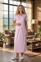New Season Powder Summer Shawl Collar Full Length Patterned Breastfeeding Feature Short Sleeve Maternity Dressing Gown Nightgown Set - 8