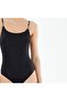 Women's Black Solid Color Swimsuit with Piping Detail and Detachable Thin Covered Round Neckline - 4