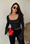Kadın Siyah Ispanyol Kol Basic Crop Top