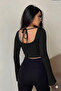 Kadın Siyah Ispanyol Kol Basic Crop Top - 2