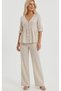 Women's Ecru Wrinkled Look Bamboo Ornament Buttoned Blouse with Elastic Waist Woven Trousers