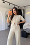 Women's Cream Half-Zip Crop Top Wide Leg Pants Two-Piece Set - 2