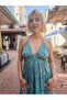 Turquoise Color Gold Detailed Halter Neck Backless Silk Dress - 2
