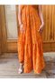 Orange Color Gold Detailed Halter Neck Open Back Silk Dress - 7