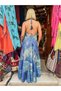 Blue Color Gold Detailed Halter Neck Open Back Silk Dress - 5