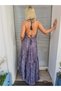 Purple Color Gold Detail Halter Neck Backless Silk Dress - 8