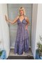 Purple Color Gold Detail Halter Neck Backless Silk Dress - 5