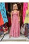 Pink Color Gold Detailed Embroidered Silk Dress with Straps