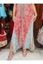 Pink Color Floral Patterned Gold Detailed Halter Neck Open Back Silk Dress - 5