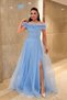 Organza Chiffon Fabric Evening Dress with Flounce Detail - Baby Blue - 2